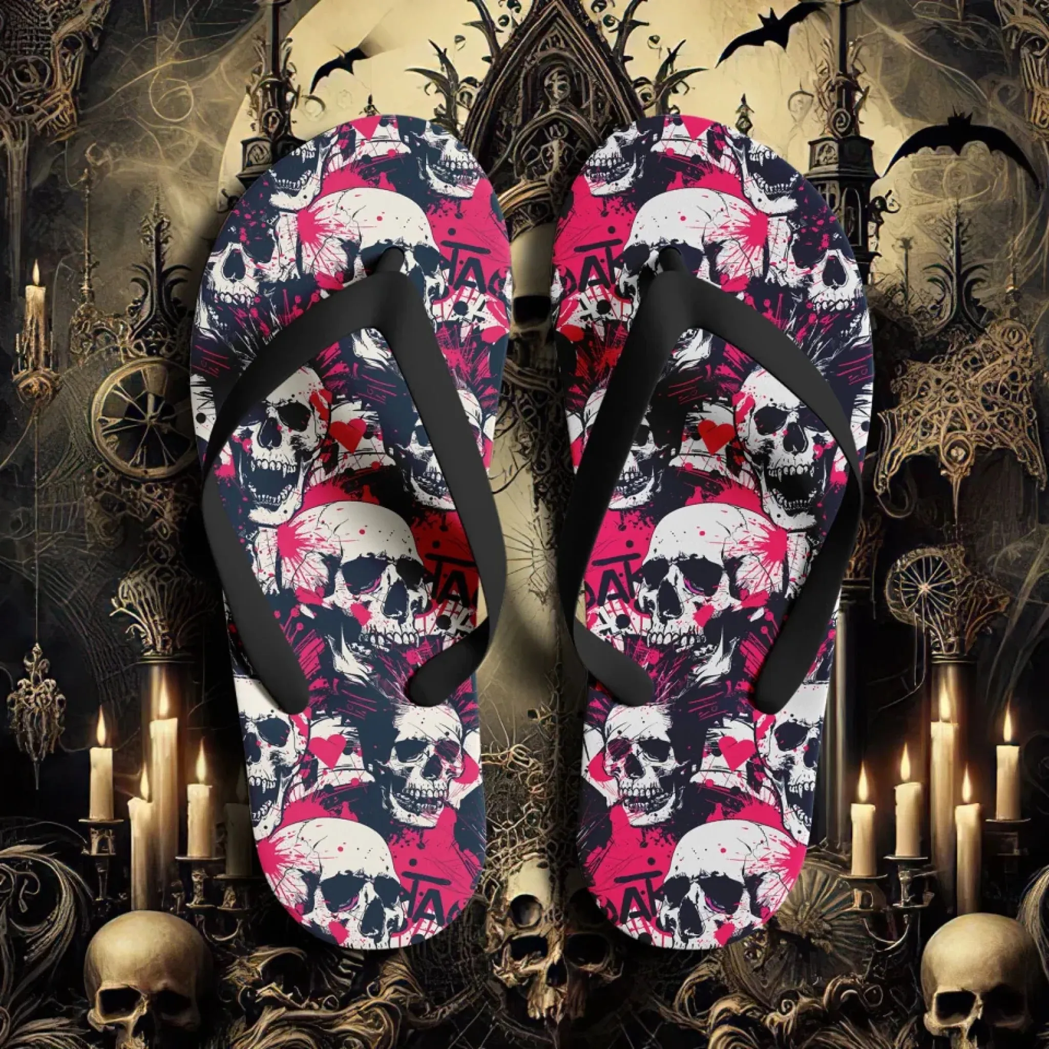 Personalized Gothic Flip Flop, Custom Skull & Roses Flip Flop, Skeleton Flip Flop Summer Fashion