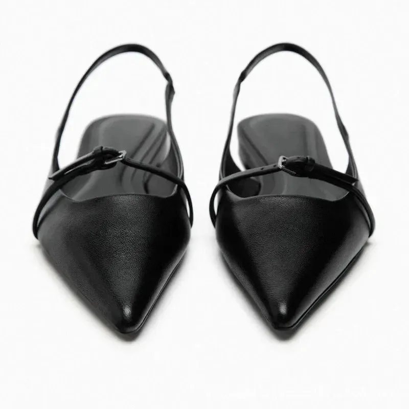 Slingback Flat Bottom Women Sandals Summer Black Leather Elegance