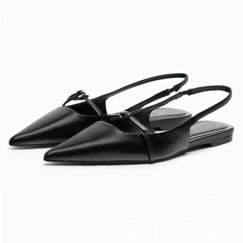 Slingback Flat Bottom Women Sandals Summer Black Leather Elegance