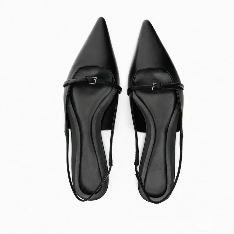 Slingback Flat Bottom Women Sandals Summer Black Leather Elegance