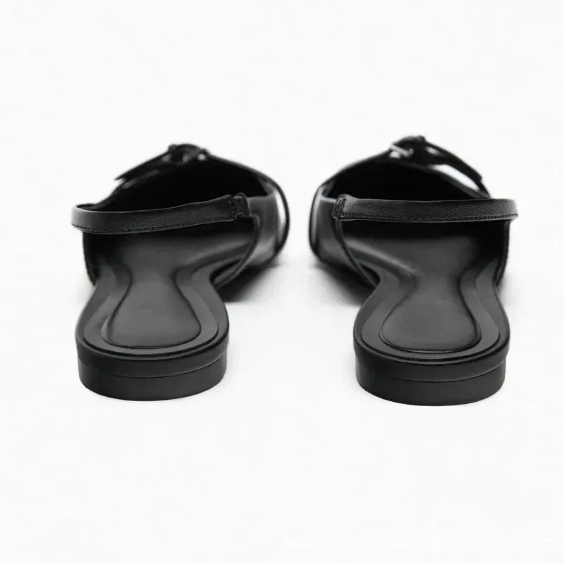 Slingback Flat Bottom Women Sandals Summer Black Leather Elegance