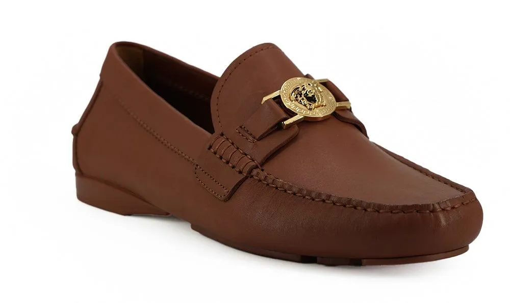 Versace Calf Leather Loafers In Brown Leather