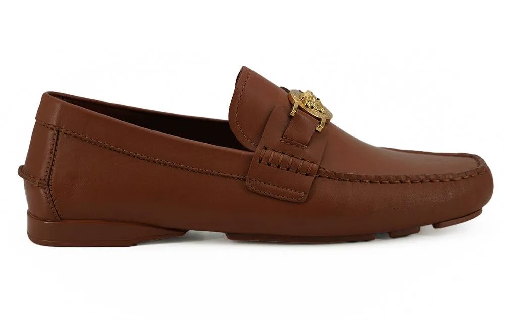Versace Calf Leather Loafers In Brown Leather