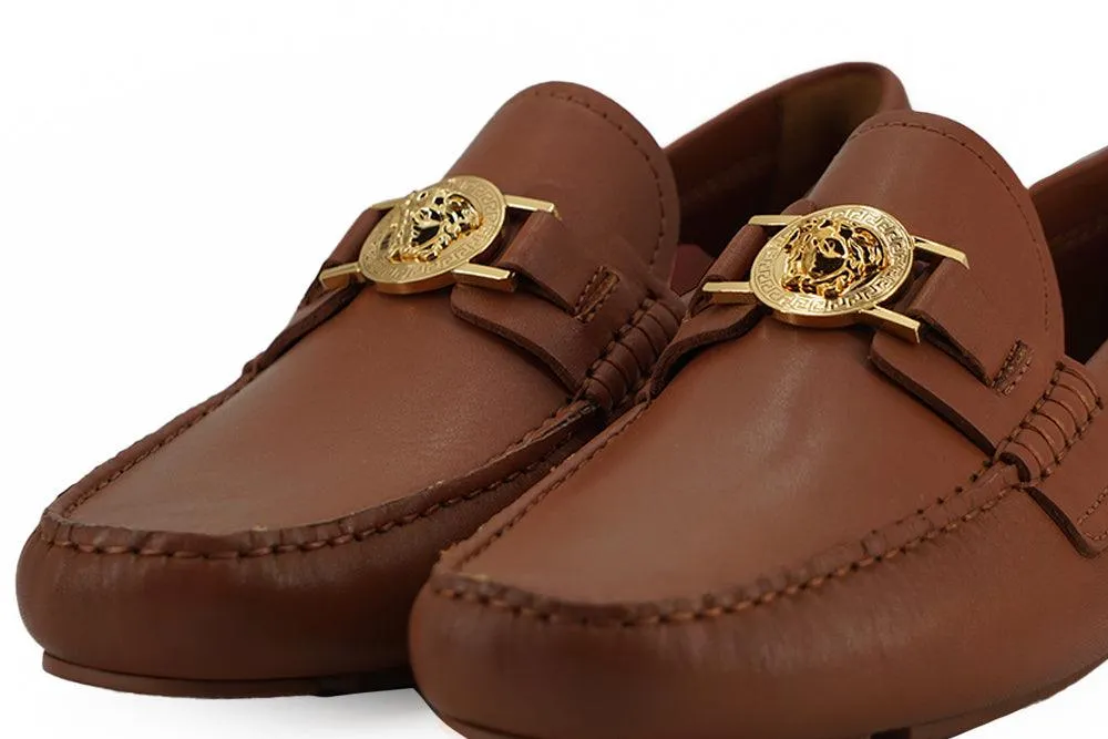 Versace Calf Leather Loafers In Brown Leather
