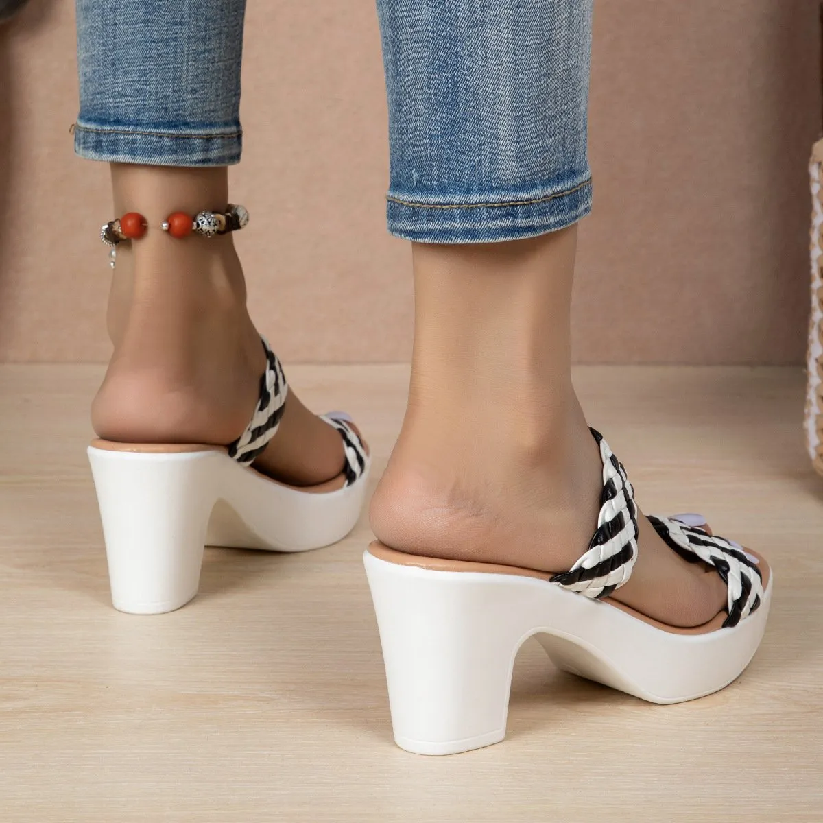 Women's Fashionable Braided Color Block Heel Slippers 44055159S